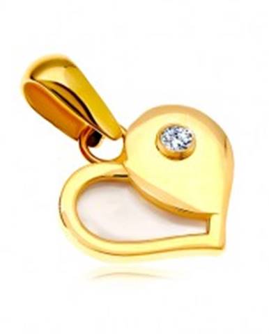 Zlatý 14K prívesok - srdce s polovicou z bielej perlete a okrúhlym zirkónom