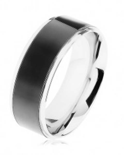 Oceľový prsteň, čierny pruh, lemy striebornej farby, vysoký lesk - Veľkosť: 57 mm