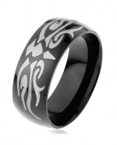 Lesklý oceľový prsteň čiernej farby, šedý motív tribal, hladký povrch - Veľkosť: 57 mm