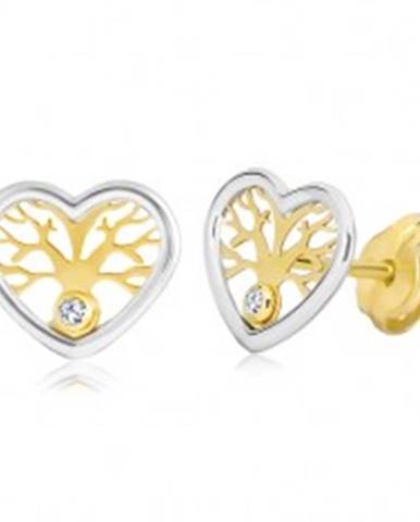 Náušnice zo zlata 585 - dvojfarebné srdce so stromom života a zirkónom