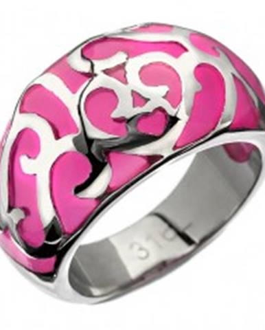 Prsteň z ocele - ružový s kovovou dekoráciou, srdiečko - Veľkosť: 50 mm