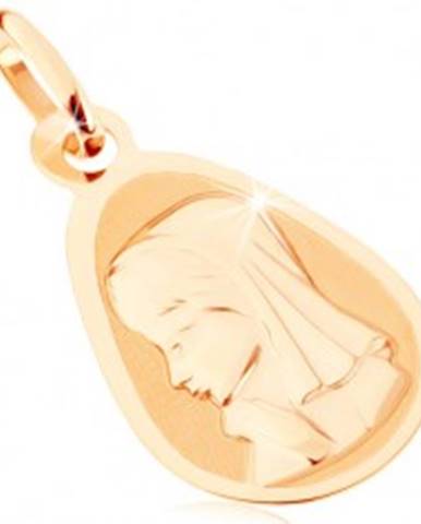 Zlatý prívesok 375 - matný plochý medailón, zaoblená kvapka, Panna Mária