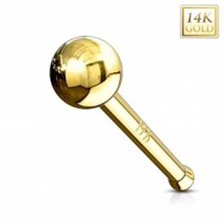 Rovný zlatý 14K piercing do nosa - lesklá hladká gulička, žlté zlato - Hrúbka piercingu: 0,8 mm