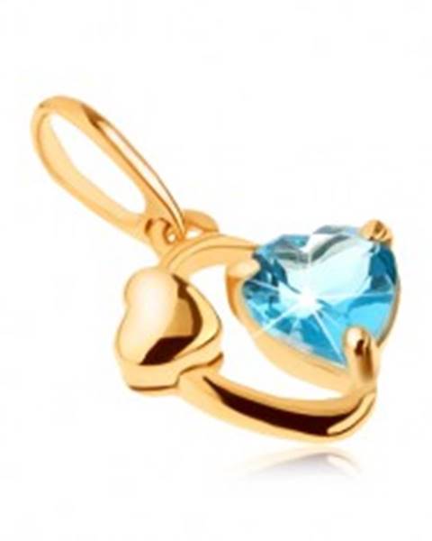 Zlatý prívesok 585 - kontúra oválu, lesklé srdiečko, srdce z modrého topásu
