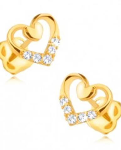 Diamantové náušnice v 14K zlate - obrys srdca s menším srdiečkom a briliantmi