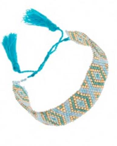 Korálkový náramok s indiánskym motívom, modrá, tyrkysová a zlatá farba