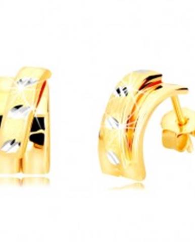 Náušnice z kombinovaného 14K zlata - širší oblúk s matným polkruhom, puzetky