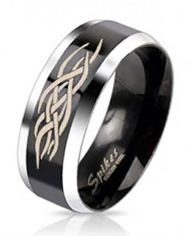 Oceľový prsteň - čierny pás s ornamentom - Veľkosť: 49 mm