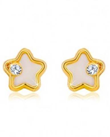 Zlaté náušnice 585 - hviezdička s bielou prírodnou perleťou a čírym zirkónom