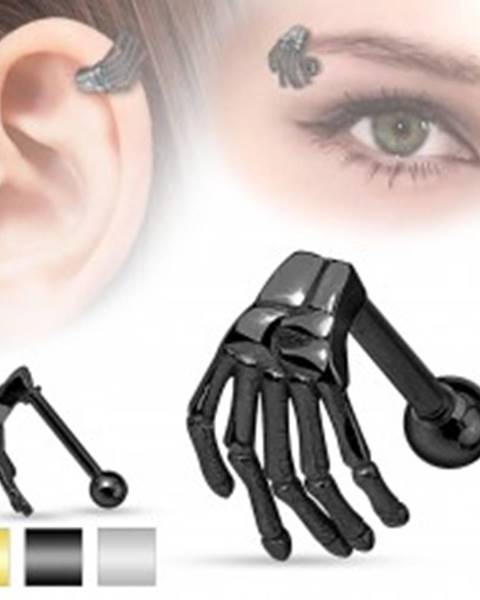 Oceľový piercing do ucha alebo obočia, kostra ruky, rôzne farby - Farba: Čierna