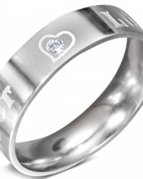 Oceľový prsteň - nápis FOREVER LOVE a zirkón, 6 mm - Veľkosť: 52 mm