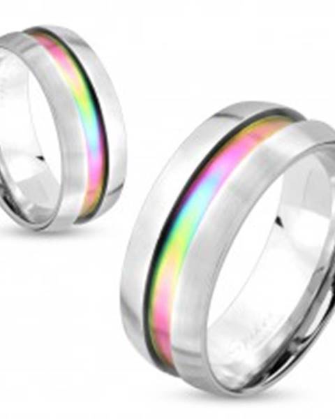 Oceľový prsteň striebornej farby, dúhový prúžok, vyvýšené okraje, 8 mm - Veľkosť: 60 mm