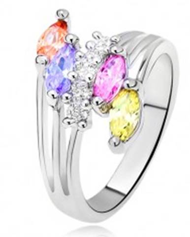 Lesklý prsteň - farebné zrniečkové kamienky, rozvetvené ramená, číra línia - Veľkosť: 51 mm