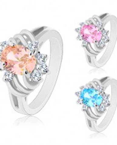 Ligotavý prsteň striebornej farby, veľký farebný ovál, tenké oblúky a číre zirkóny - Veľkosť: 48 mm, Farba: Ružová