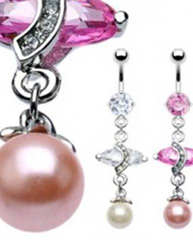 Luxusný piercing do bruška s veľkým oválnym zirkónom a perlou - Farba zirkónu: Ružová - P
