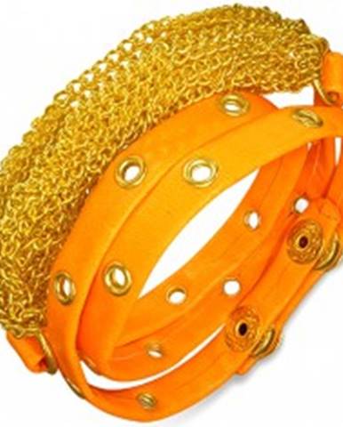 Náramok z umelej kože - retiazky zlatej farby, neónovo oranžový vybíjaný pás
