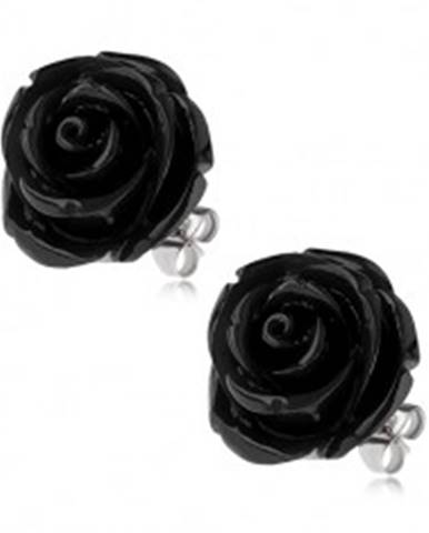 Oceľové náušnice, čierny živicový kvet ruže, puzetové zapínanie, 20 mm