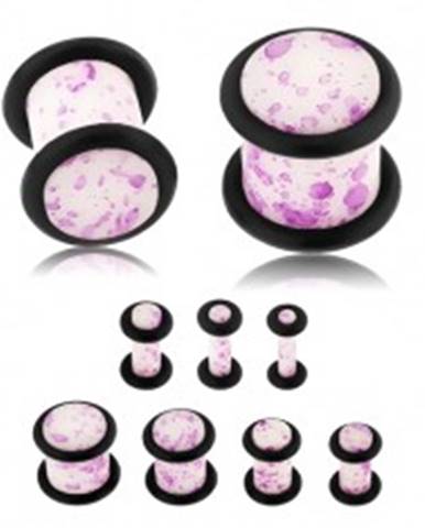 Plug do ucha, akryl, biely povrch s fialovými škvrnami, čierne gumičky - Hrúbka: 10 mm