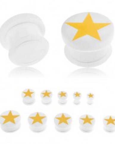 Plug do ucha z akrylu bielej farby, žltá päťcípa hviezda, gumička - Hrúbka: 10 mm