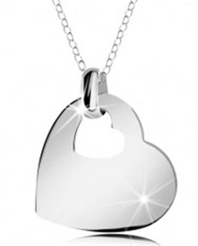 Strieborný náhrdelník 925, lesklé srdce s výrezom malého srdiečka, retiazka