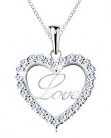 Strieborný náhrdelník 925, tenká retiazka, trblietavá kontúra srdca, nápis Love