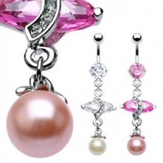 Luxusný piercing do bruška s veľkým oválnym zirkónom a perlou - Farba zirkónu: Ružová - P