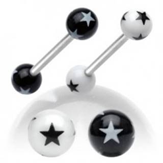 Oceľový piercing do jazyka, čierno-biele akrylové guličky s hviezdičkami - Farba piercing: Biela - Čierna