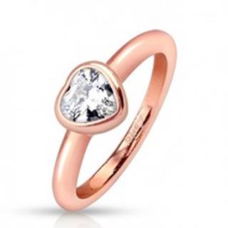 Oceľový prsteň, medený odtieň, zaoblené ramená, číre zirkónové srdce - Veľkosť: 48 mm