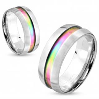Oceľový prsteň striebornej farby, dúhový prúžok, vyvýšené okraje, 8 mm - Veľkosť: 60 mm