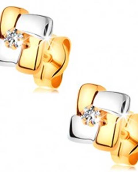 Náušnice zo 14K zlata - dvojfarebné štvorce s brúseným diamantom v strede