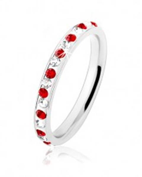 Oceľový prsteň striebornej farby, číre a červené zirkóniky, biela glazúra - Veľkosť: 49 mm