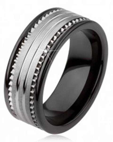Tungstenová keramická čierna obrúčka s povrchom striebornej farby a prúžkami - Veľkosť: 49 mm