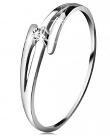 Briliantový prsteň z bieleho 14K zlata - rozdelené zvlnené ramená, číry diamant - Veľkosť: 49 mm