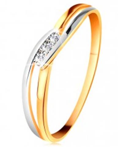 Diamantový prsteň zo 14K zlata, tri číre brilianty, rozdelené zvlnené ramená - Veľkosť: 49 mm
