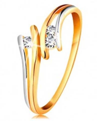 Diamantový zlatý prsteň 585, tri žiarivé číre brilianty, rozdelené dvojfarebné ramená - Veľkosť: 49 mm