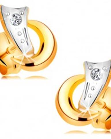 Dvojfarebné náušnice v 14K zlate - dva oblúčiky a trblietavý diamant čírej farby