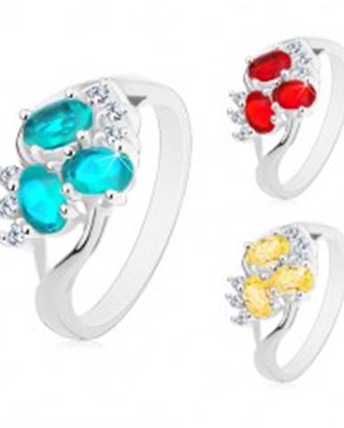 Lesklý prsteň s rozdelenými ramenami striebornej farby, číre zirkóniky, brúsené ovály - Veľkosť: 49 mm, Farba: Aqua modrá