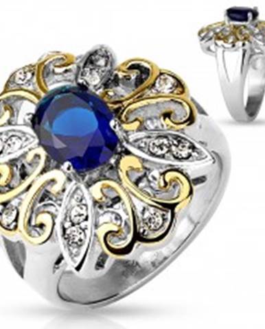Mohutný prsteň z ocele 316L, veľký dvojfarebný kvet, tmavomodrý oválny zirkón - Veľkosť: 51 mm