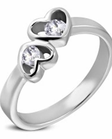 Oceľový prsteň striebornej farby, dve srdcia s čírymi zirkónmi - Veľkosť: 49 mm