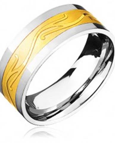Oceľový prsteň - zlato-striebornej farby so zvlneným ornamentom - Veľkosť: 57 mm