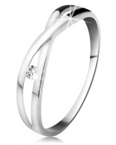 Prsteň v bielom zlate 585 - okrúhly diamant čírej farby, rozdelené prekrížené ramená - Veľkosť: 48 mm