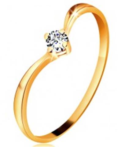Prsteň zo žltého zlata 585 - lesklé zahnuté ramená, ligotavý číry diamant - Veľkosť: 49 mm