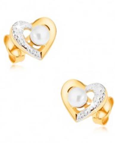 Ródiované náušnice z 9K zlata - dvojfarebná kontúra srdca, biela perla