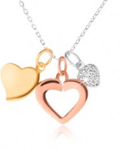 Strieborný 925 náhrdelník - retiazka, tri srdiečka, zlatá, strieborná a medená farba