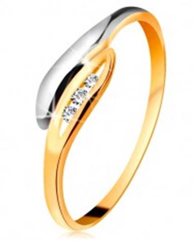 Zlatý diamantový prsteň 585 - dvojfarebné zahnuté lístočky, tri číre brilianty - Veľkosť: 49 mm