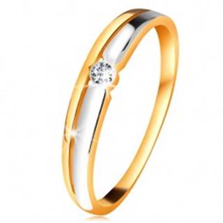 Briliantový prsteň zo 14K zlata - číry diamant v okrúhlej objímke, dvojfarebné línie - Veľkosť: 49 mm