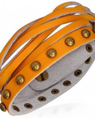 Kožený náramok - oranžové pásiky, zlaté polgule a pletenec