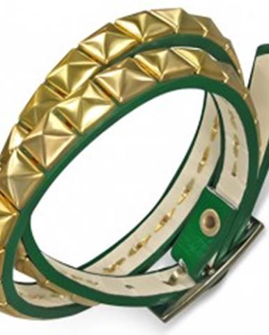 Kožený náramok - zelený opasok, pyramídy zlatej farby