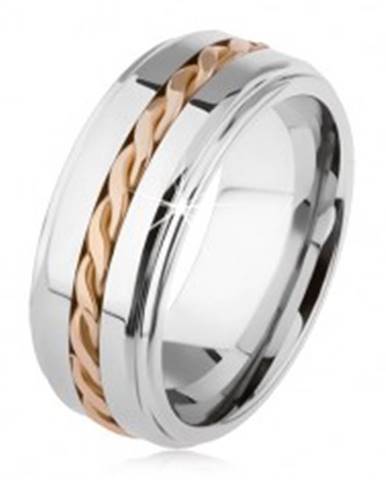 Lesklý tungstenový prsteň, strieborná farba, vyvýšená stredová časť, pletený vzor - Veľkosť: 49 mm