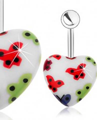 Oceľový piercing do pupku, akrylové srdce - biely podklad, farebné motýliky
